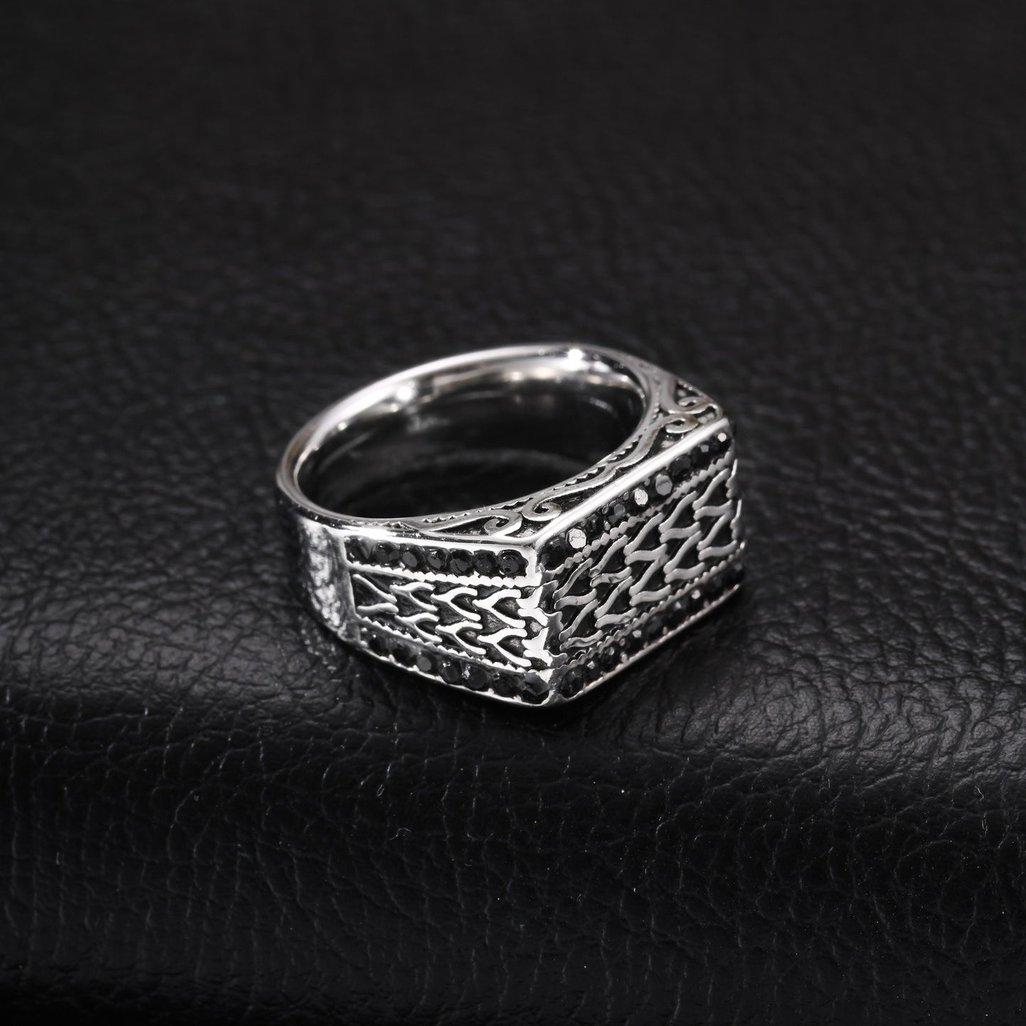 Kemston Stainless Steel Woven Chain Signet Ring for Men Black Cubic Zirconia Inlay Vintage RC-1134