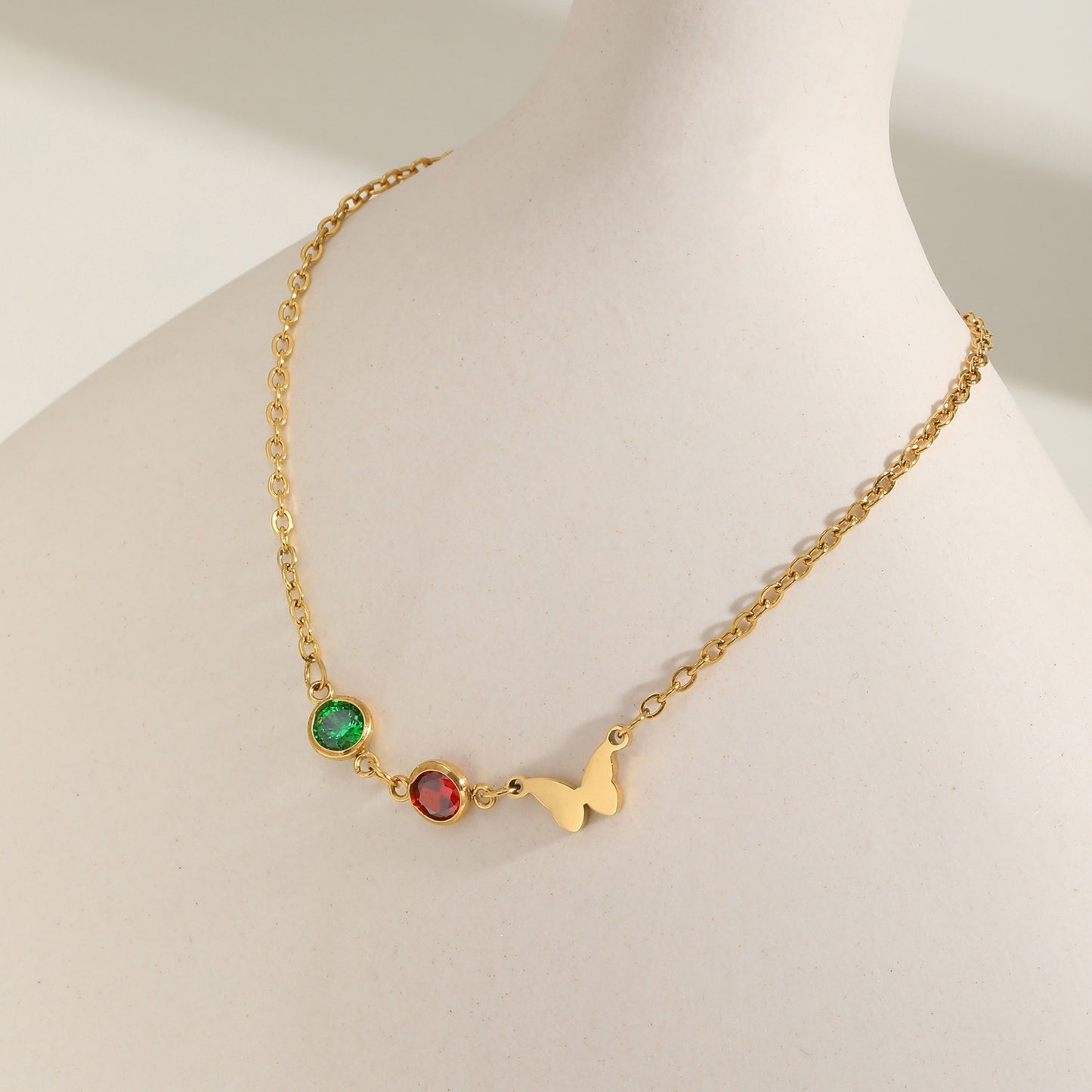 Stainless Steel Flat Cross Chain Bracelet with Red/Green Zirconia Butterfly Accents – Elegant Jewelry for Women BR-2142
