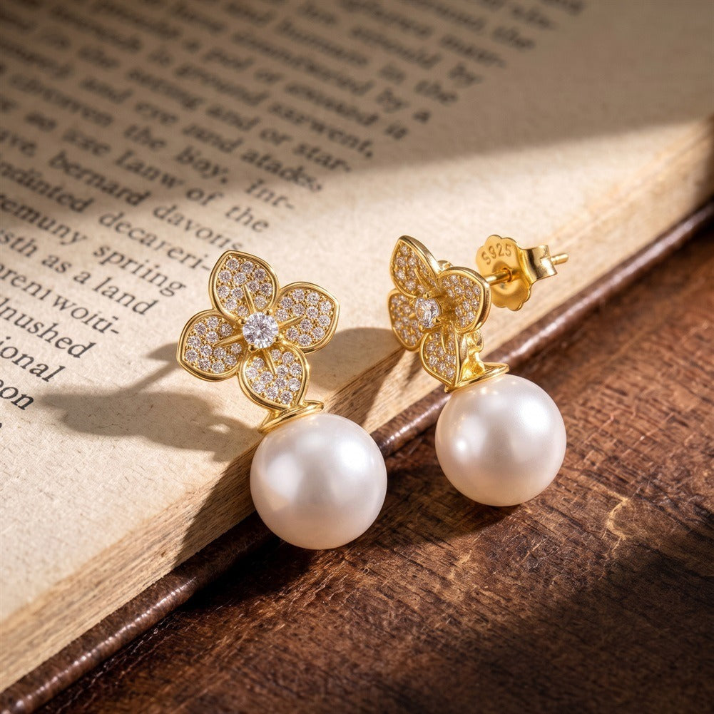 Kemston 925 Sterling Silver Four Petal Pearl Drop Earrings for Women PSE21