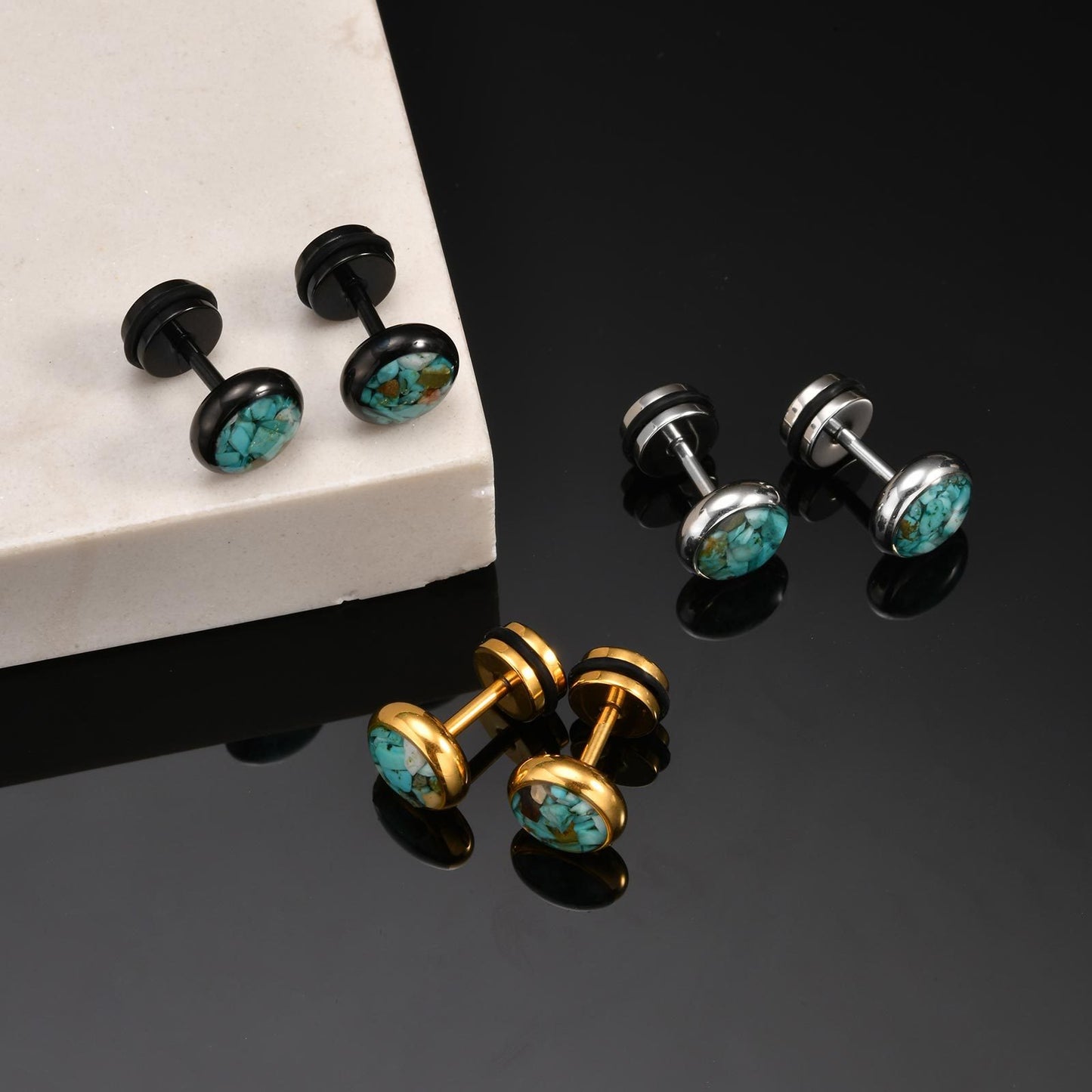 Kemstone Stainless Steel Turquoise Resin Stud Earrings for Men – Round Street Style ES-678