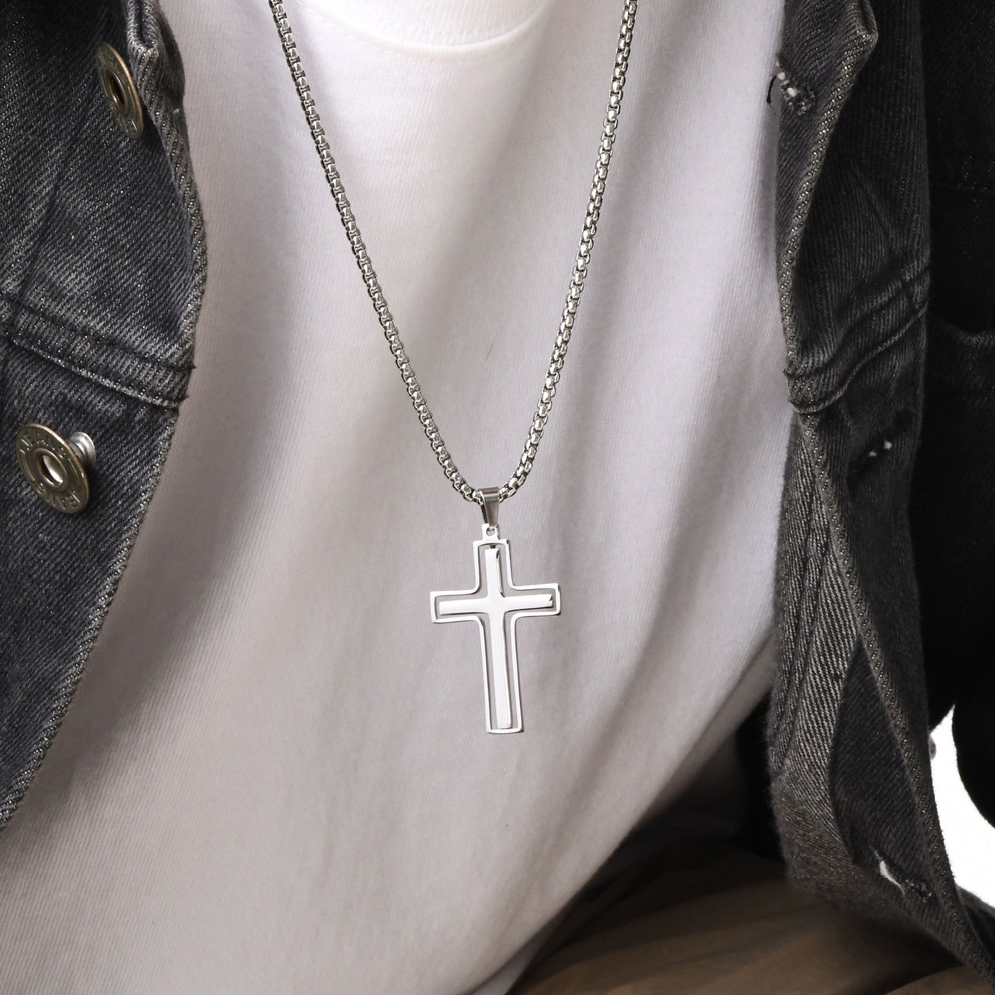 Men’s Rotating Cross Pendant Necklace – Gothic Dual-Layer Stainless Steel Chain PN-1998