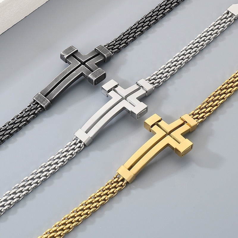 Kemstone Titanium Steel Hollow Curved Cross Bracelet for Men Adjustable Double Chain Gold Silver Black KB212800-KFC