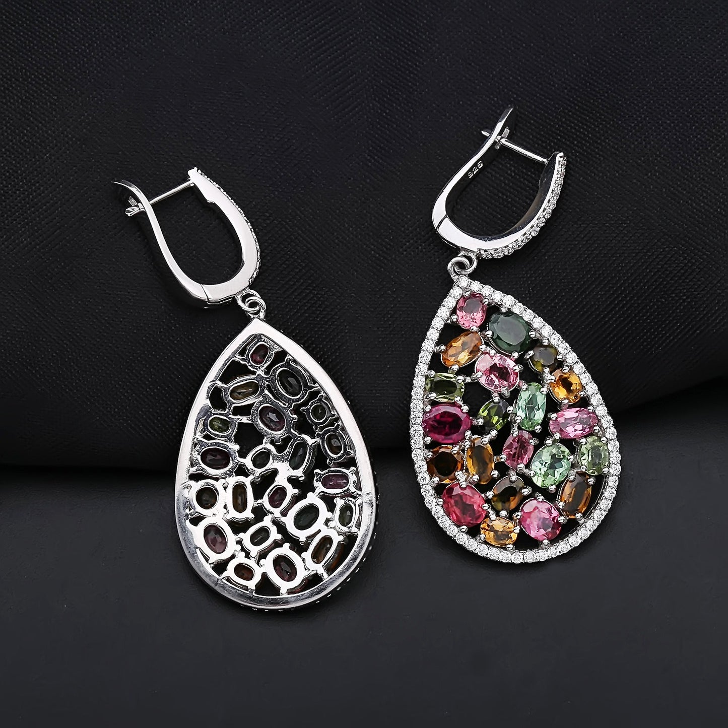 Kemstone Handcrafted Drop Earrings | Natural Multi-Color Tourmaline, Chrome Diopside & Sky Blue Topaz | 925 Sterling Silver | Vintage Boho Style