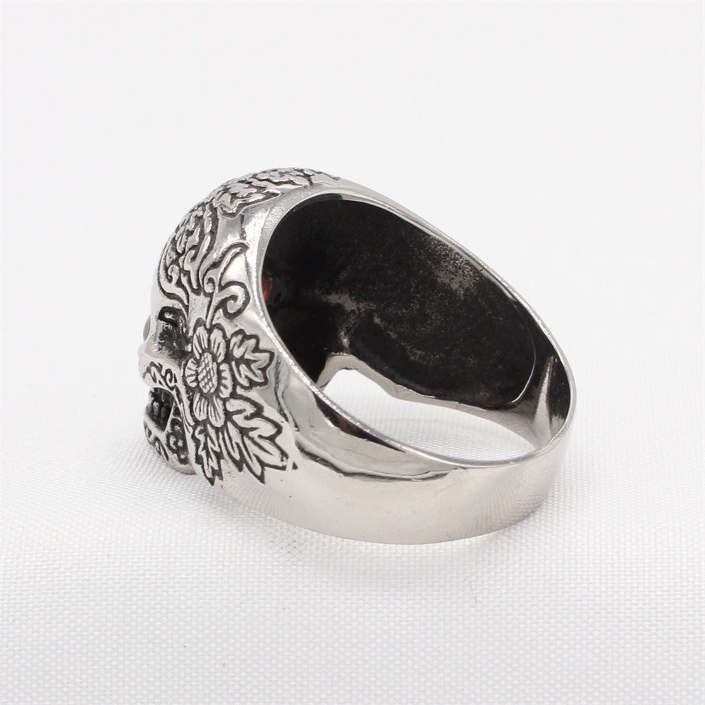 Kemstone Titanium Steel Skull Ring for Men with Red Cubic Zirconia Eyes R1786