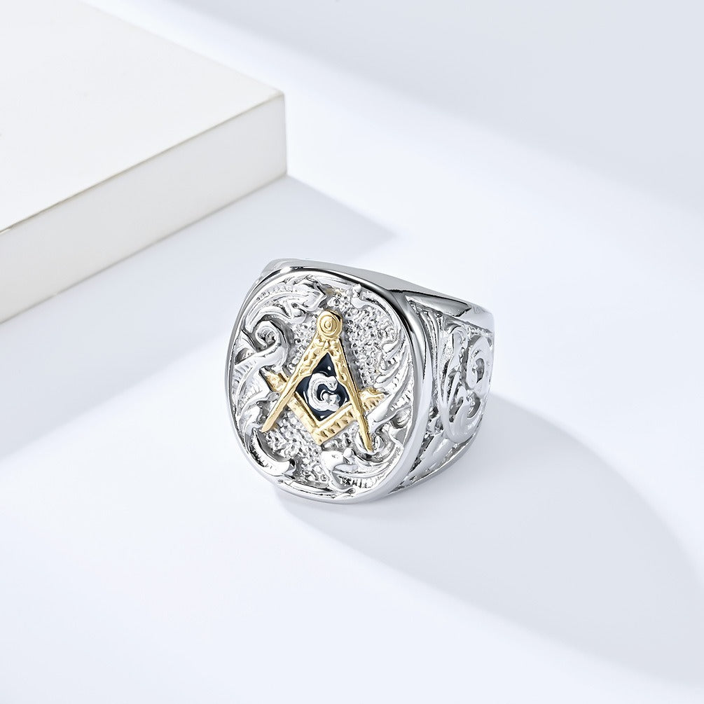 Kemstone Men’s Stainless Steel Ring – Vintage Masonic-Style Design K-R751