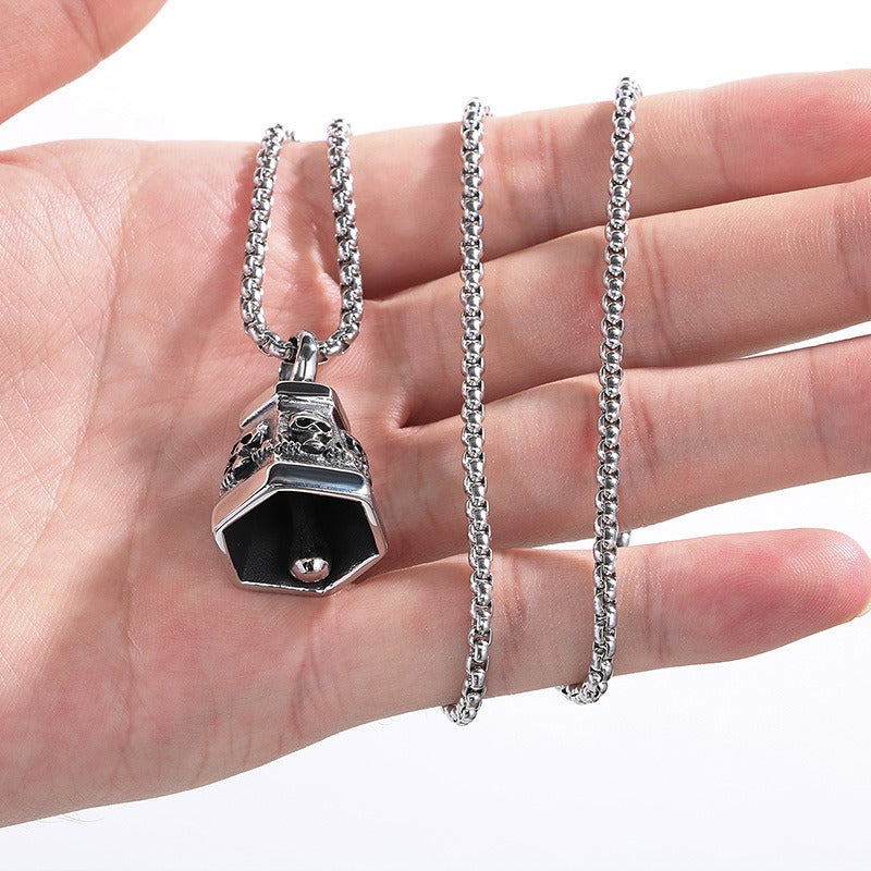 Kemstone Titanium Steel Skull Bell Pendant Necklace for Men Hexagon Gothic Silver Gold KP115582-KJX