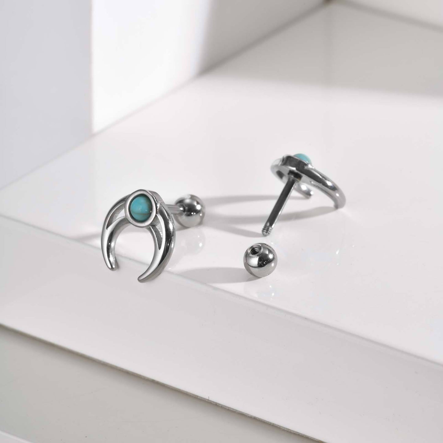 Kemstone Stainless Steel Moon Stud Earring – Turquoise Punk Style for Men ES-748