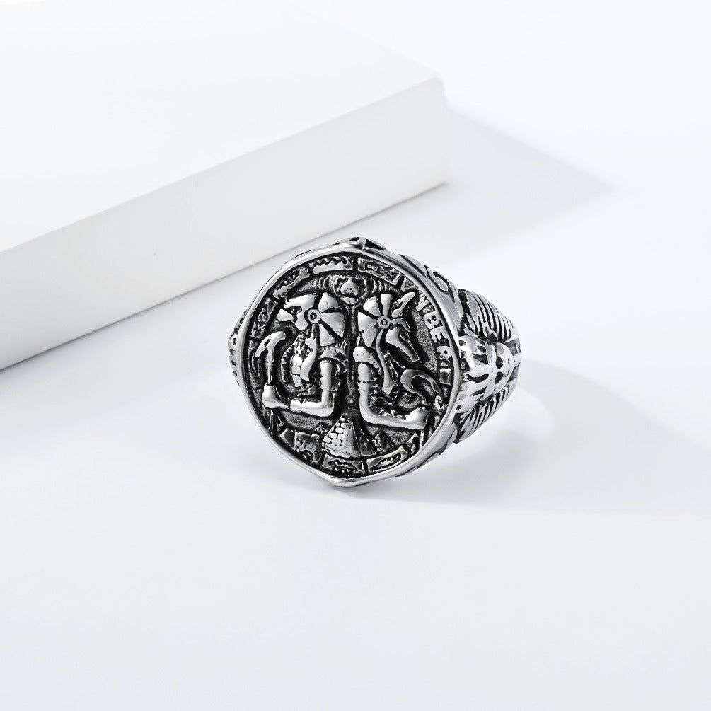 Kemstone Anubis Relief Signet Ring for Men Stainless Steel Egyptian Vintage K-R1216