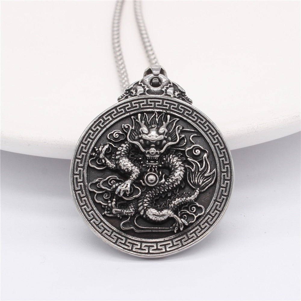 Kemstone Dragon Medallion Pendant Necklace for Men Titanium Steel Relief P1095