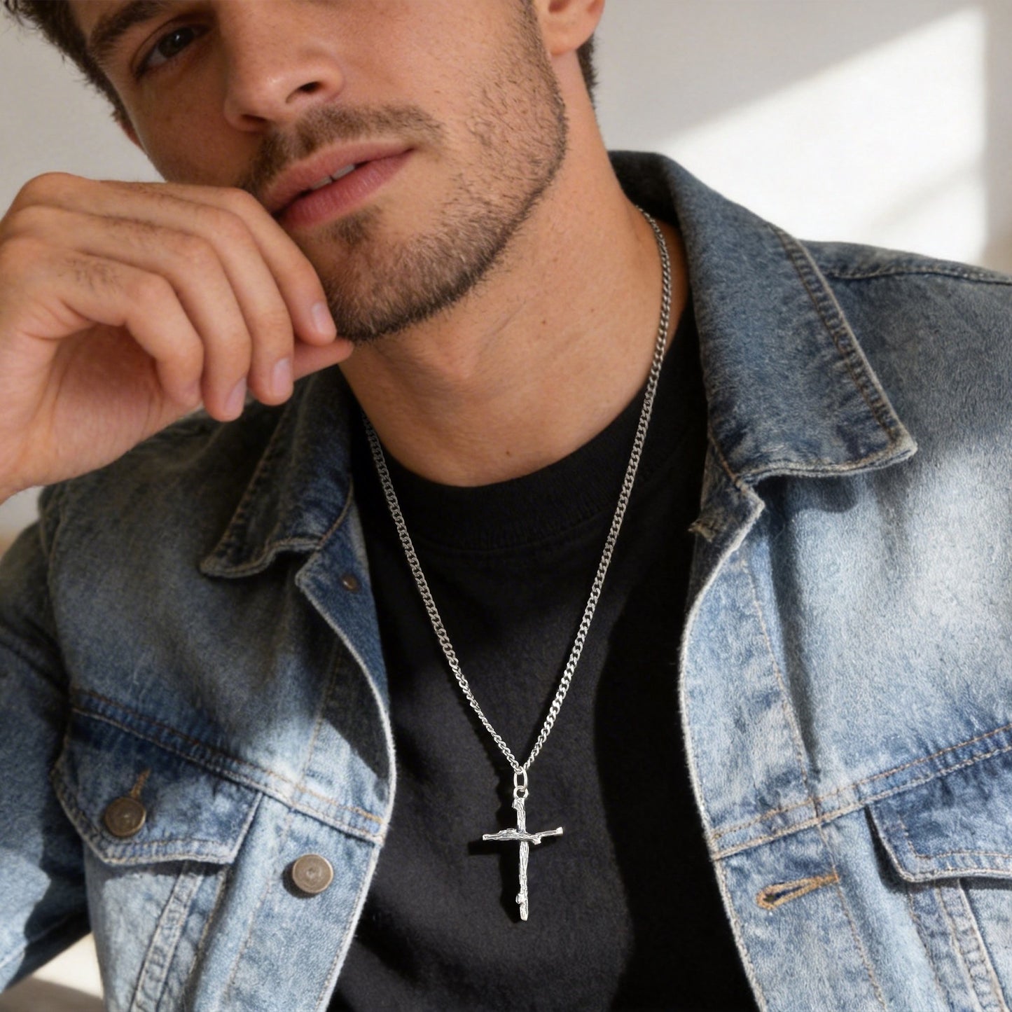 Kemstone Branch Cross Pendant Necklace Stainless Steel Chain Silver for Men PNB-403