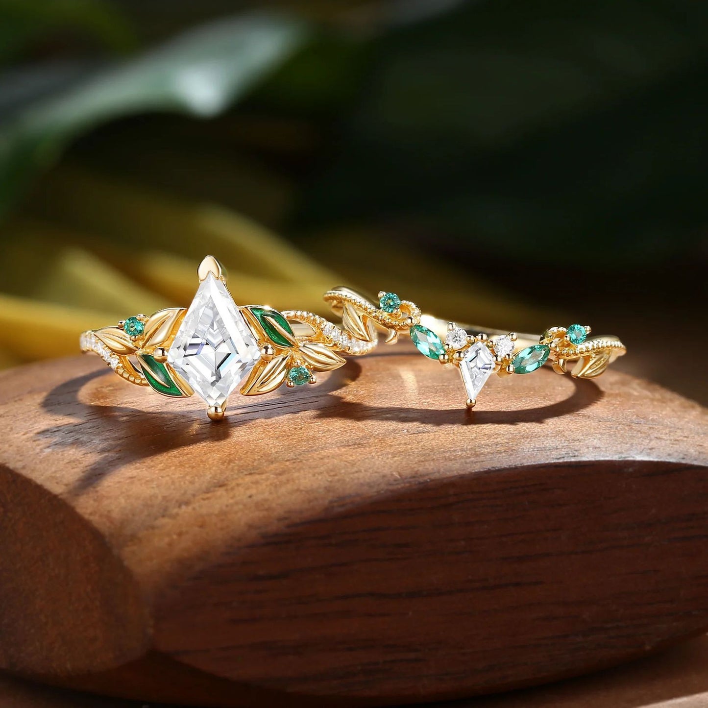 Kemstone Kite Cut Moissanite Leaf Ring Set for Women – Nature Inspired Stackable Engagement Ring in S925 Sterling Silver 18K Gold Plated T7-YC0317RS