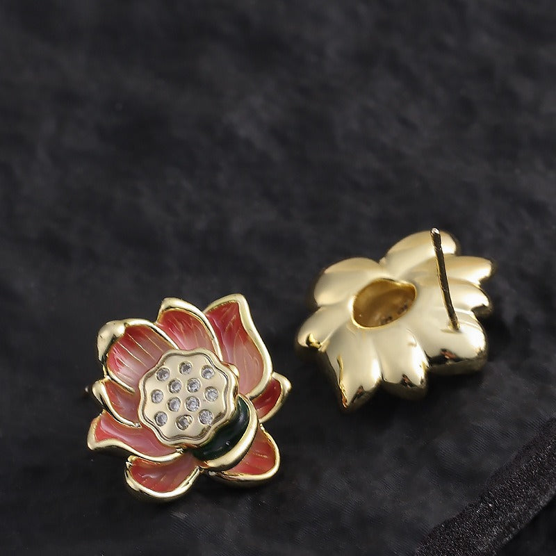 Kemstone Lotus Flower Stud Earrings for Women Enamel Floral Copper TD10865