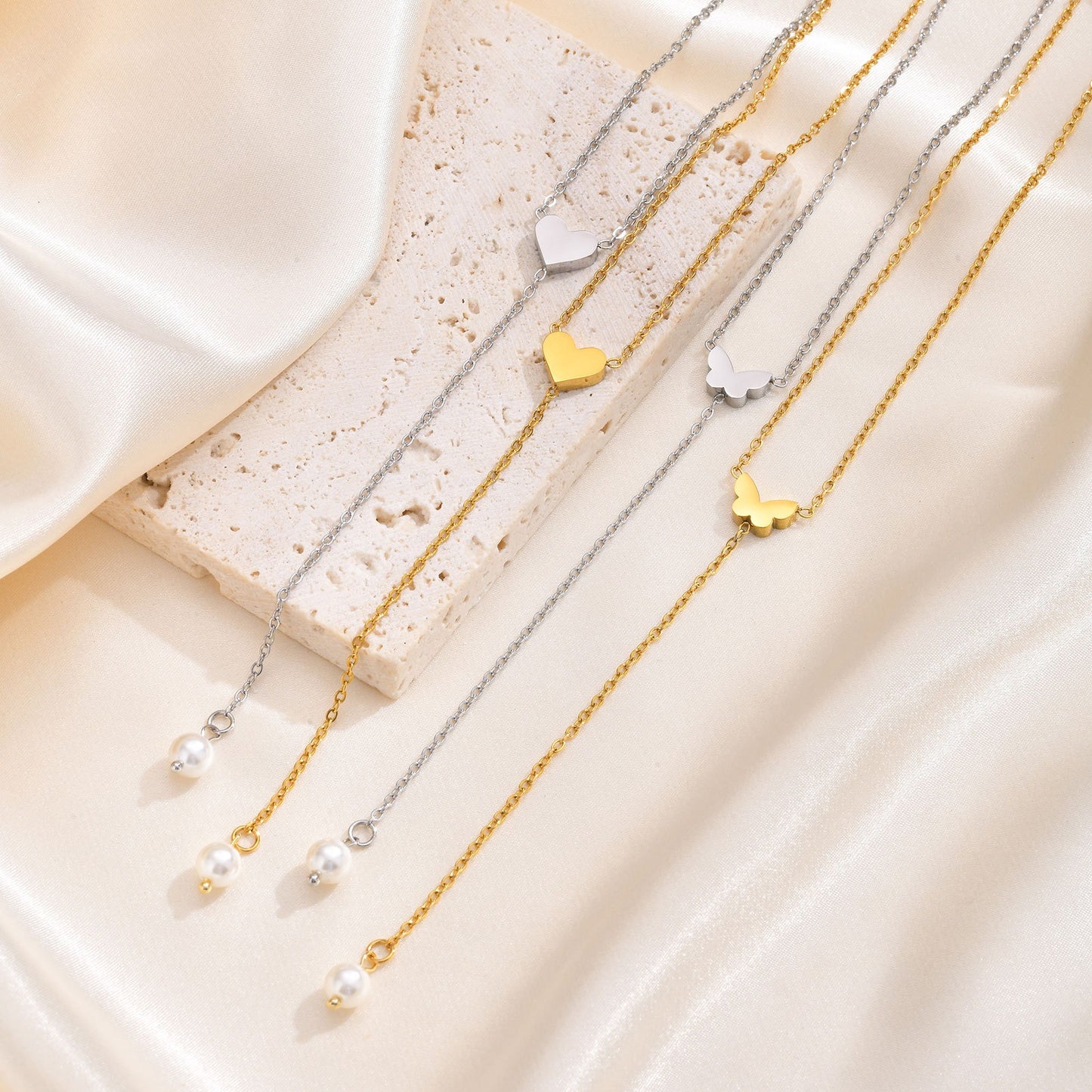 Golden Butterfly & Pearl Y-Chain Necklace - Adjustable Vintage Elegance for Everyday Glamour NC-1965
