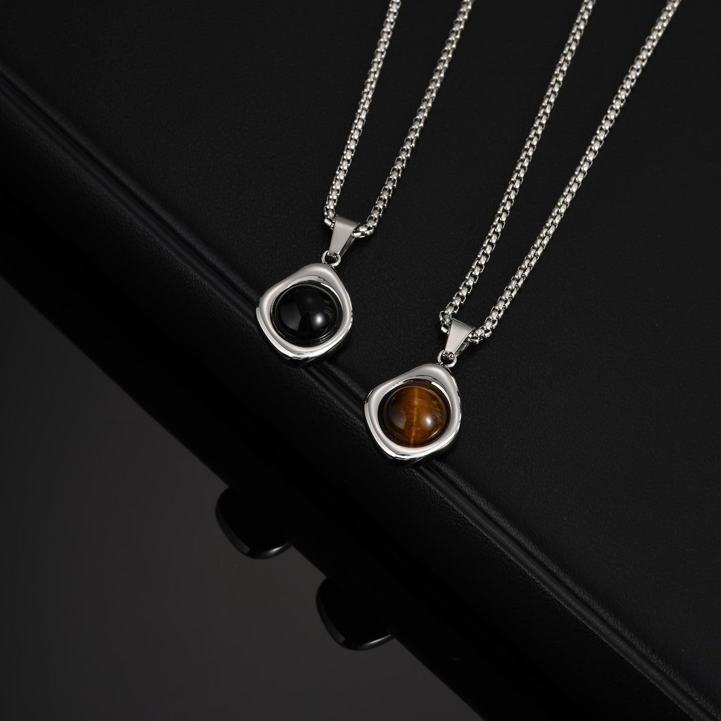 Kemstone Men’s Stainless Steel Necklace – Irregular Natural Stone Pendant Tiger Eye / Onyx / Turquoise PN-2189