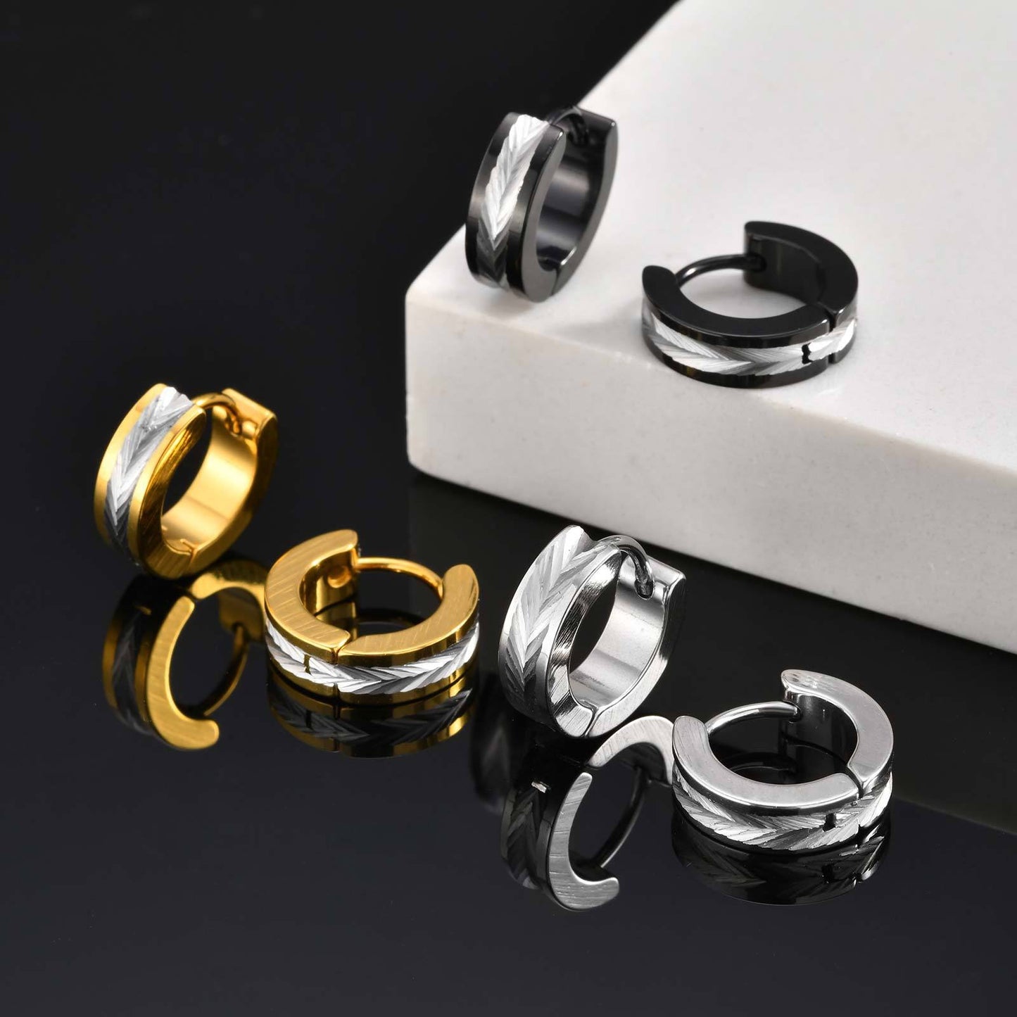 emstone Stainless Steel Textured Hoop Earring for Men – Carved Finish EH-711