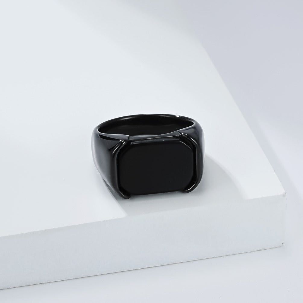Kemstone Men’s Stainless Steel Black Stone Ring – Minimalist Signet K-R1076