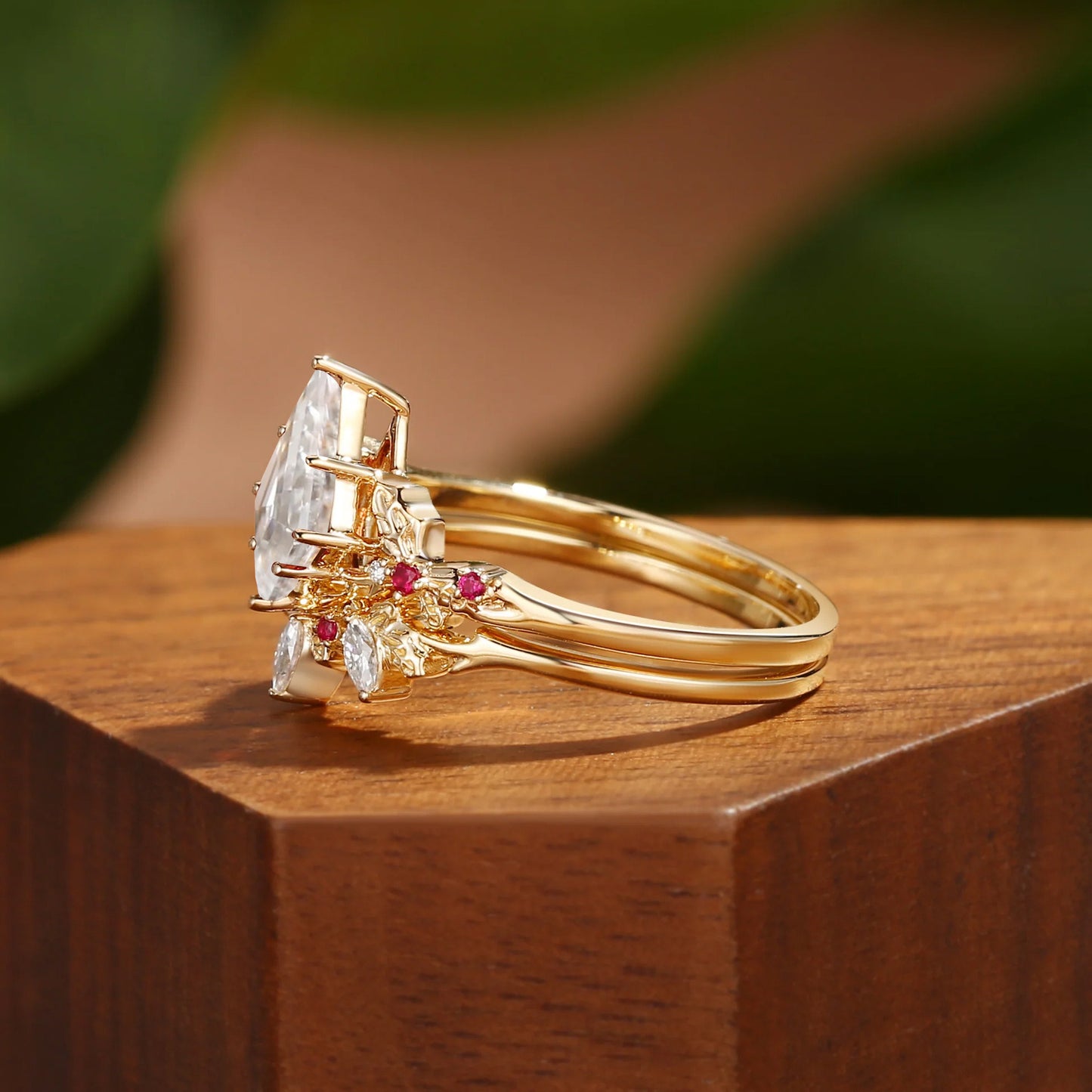 Kemstone Kite Cut Moissanite Ring Set for Women – Floral Stackable Engagement Ring in S925 Sterling Silver 18K Gold Plated T7-YC0305RS