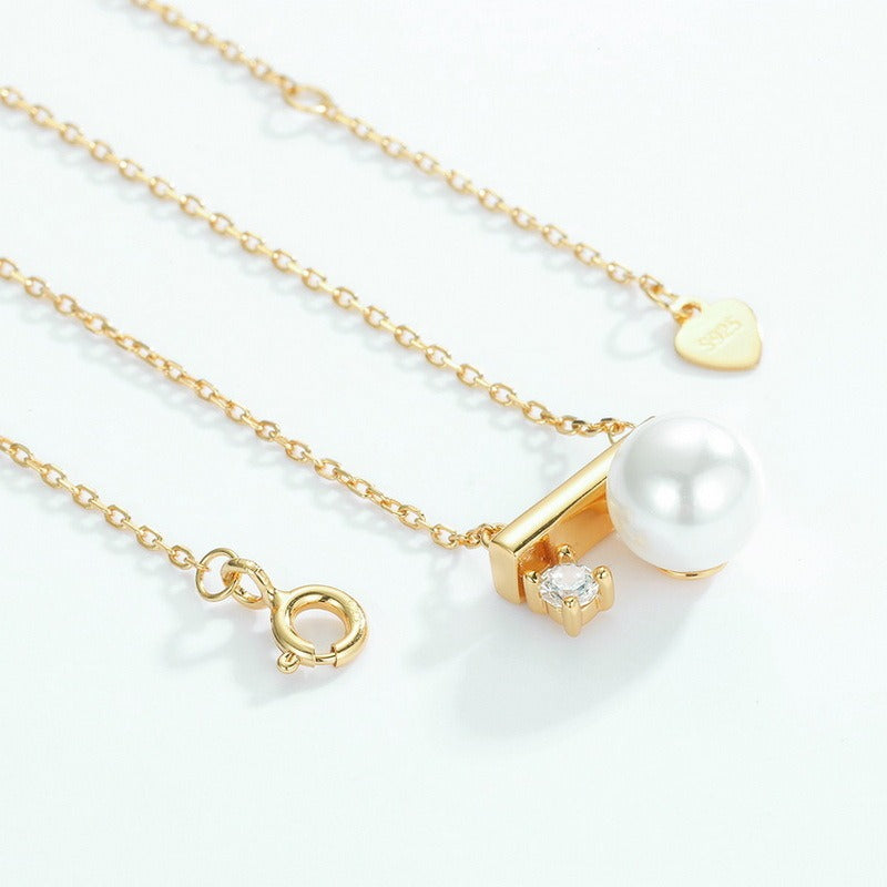 Kemstone Handcrafted Original Design Shell Pearl and Zircon Pendant Necklace, S925 Sterling Silver with 10K Gold Plating