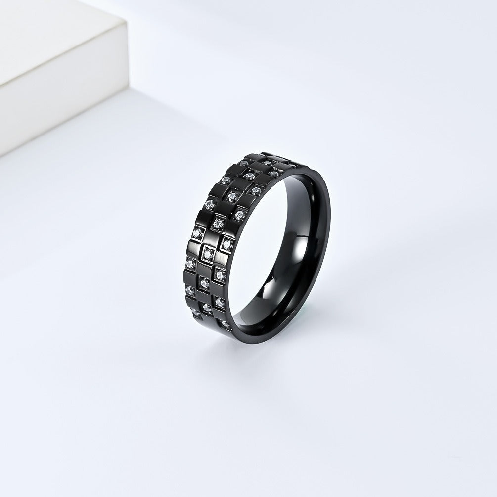 Kemstone Titanium Steel Grid Cubic Zirconia Ring Geometric Design for Men Women K-R743