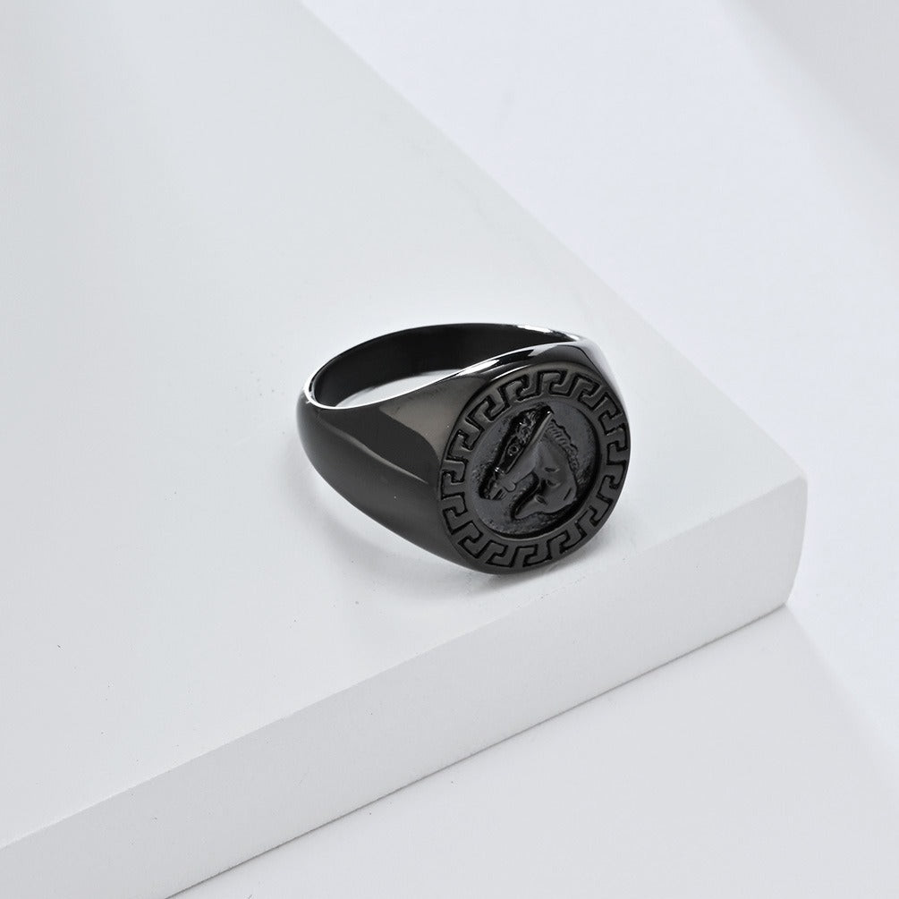 Kemstone Stainless Steel Horse Head Signet Ring – Vintage Relief Style for Men K-R956