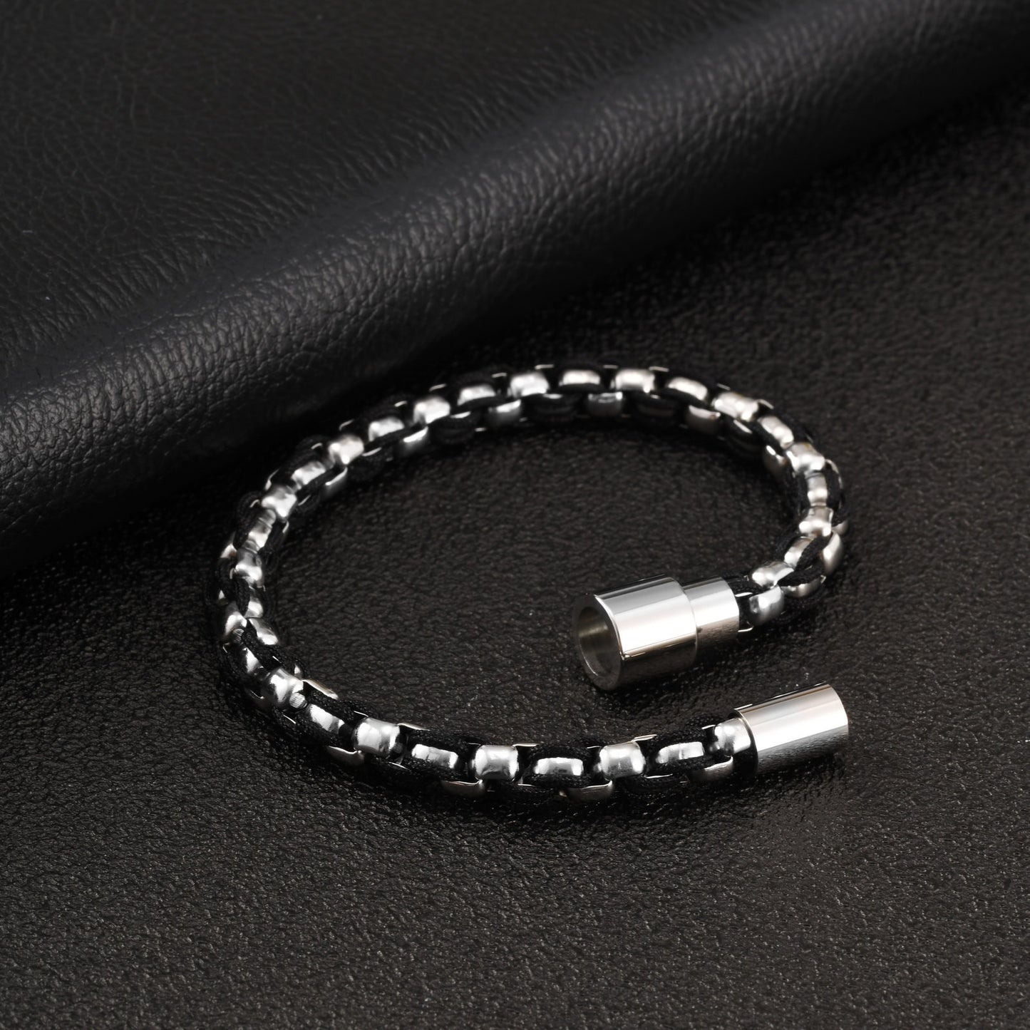 Kemstone Stainless Steel Braided Bracelet for Men Black Woven Chain Silver BR-3100