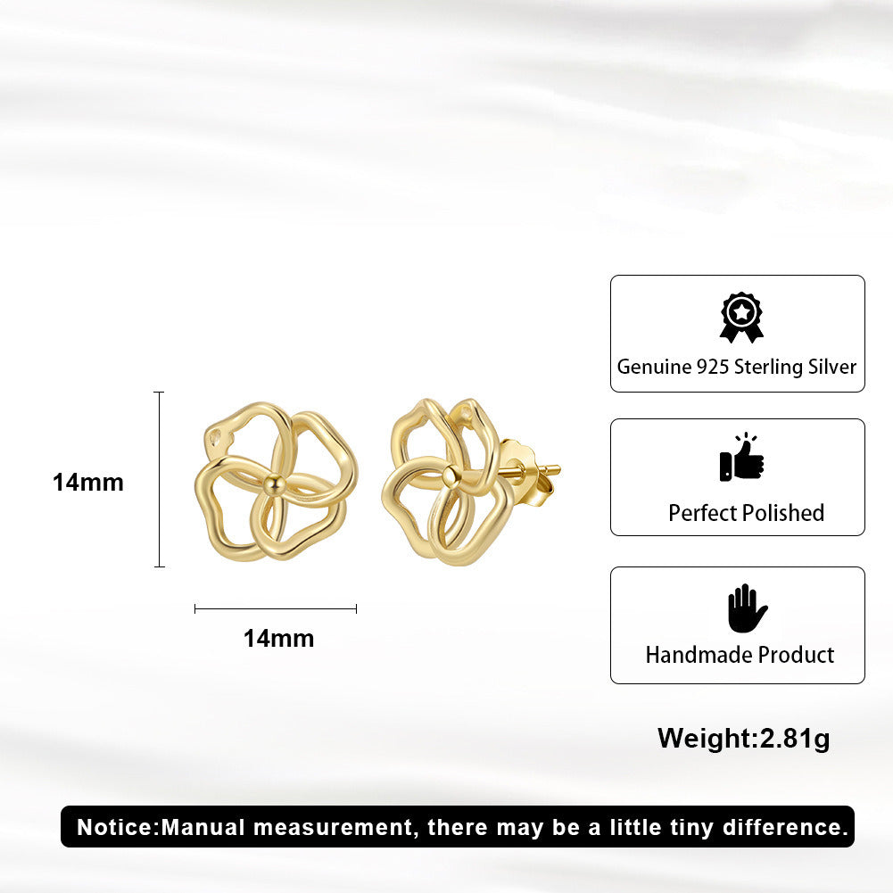 Leaf Stud Earrings – 925 Sterling Silver Gold Minimalist Floral Jewelry, Handmade Lucky Clover Hollow Design for Women A4-GAE13