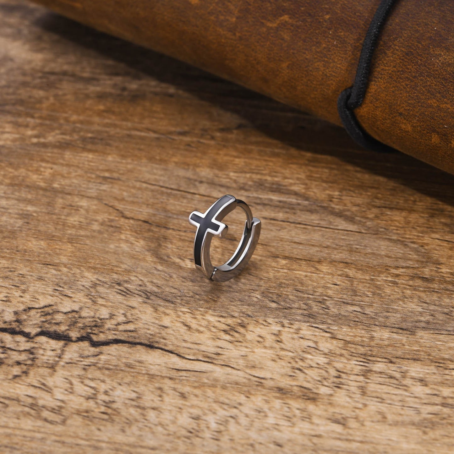 Kemstone Stainless Steel Cross Hoop Earrings for Men – Black Enamel Minimalist Jewelry EH-579