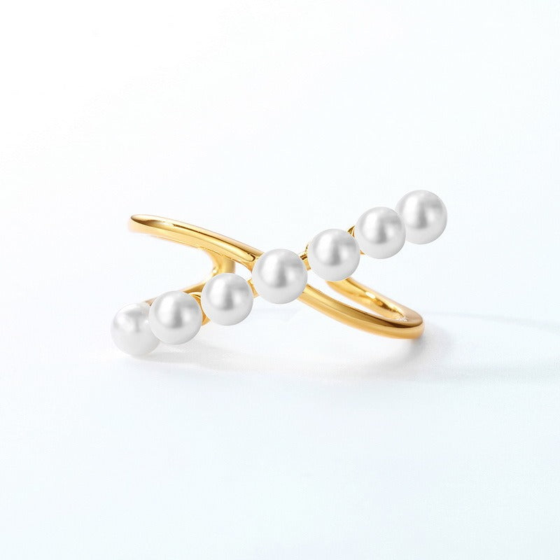 Kemstone Handcrafted Original Design Minimalist Geometric Pearl Ring, Adjustable S925 Sterling Silver with 9K Gold Plating