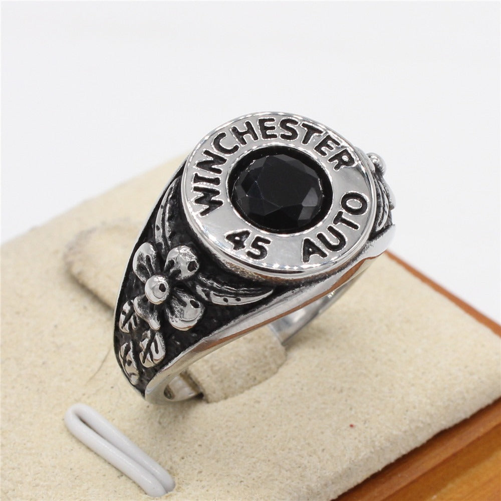 Kemstone Black Stone Signet Ring for Men Titanium Steel Vintage Rose Detail R1579