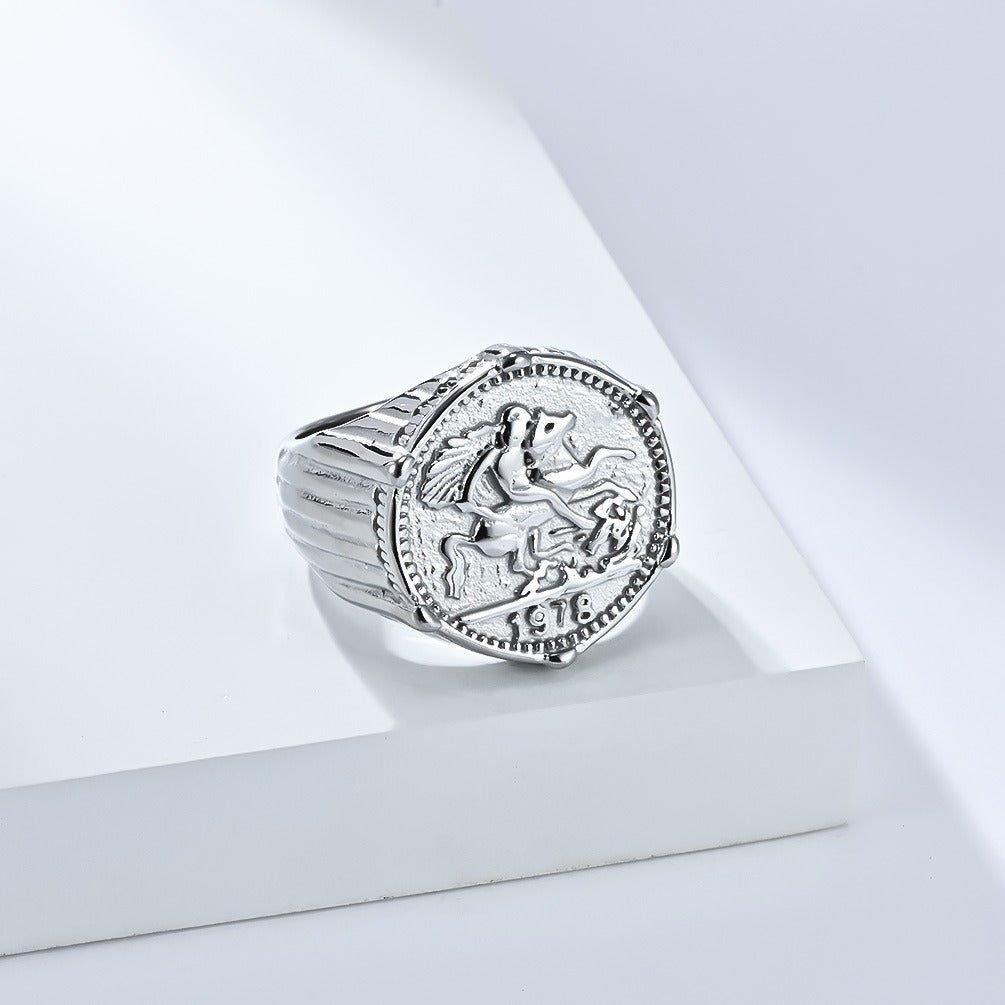 Kemstone Figure Relief Signet Ring for Men Stainless Steel Vintage Engraved K-R996