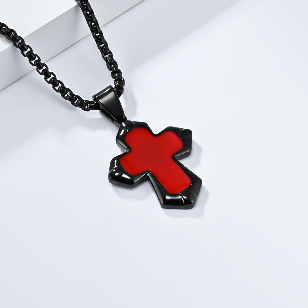 Kemstone Black Enamel Cross Necklace for Men Stainless Steel Faceted Edge K-PT560