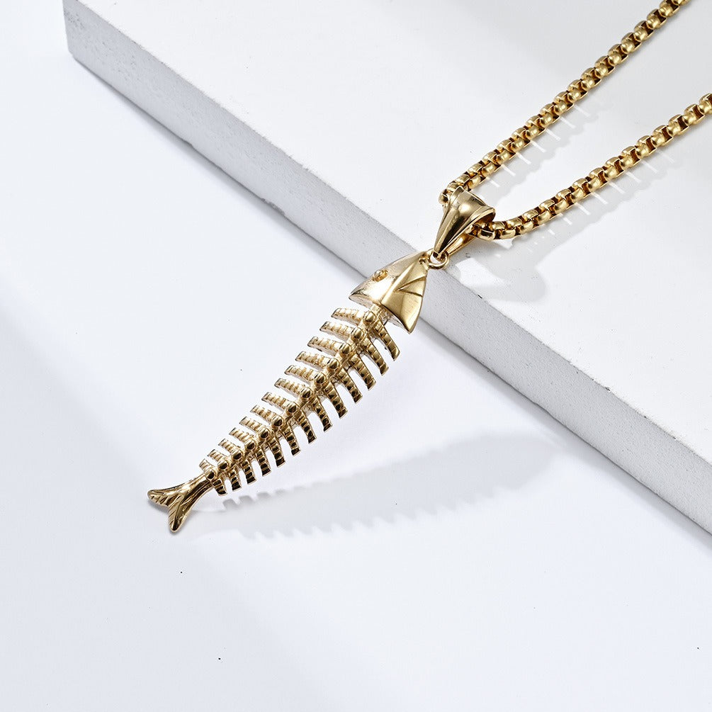 Kemstone Stainless Steel Fishbone Pendant Necklace for Men – Silver, Gold, Black K-PT434