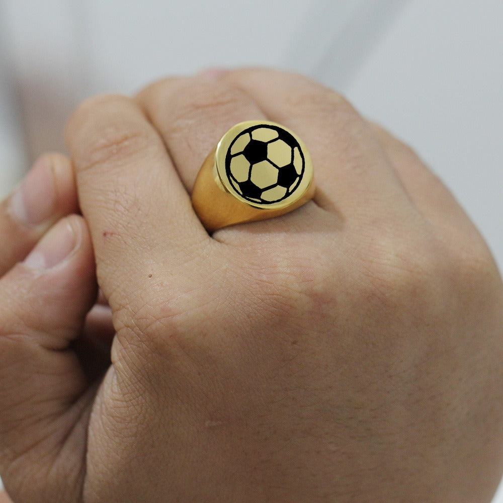 Kemstone Soccer Ball Signet Ring for Men Stainless Steel Silver Gold CG1870