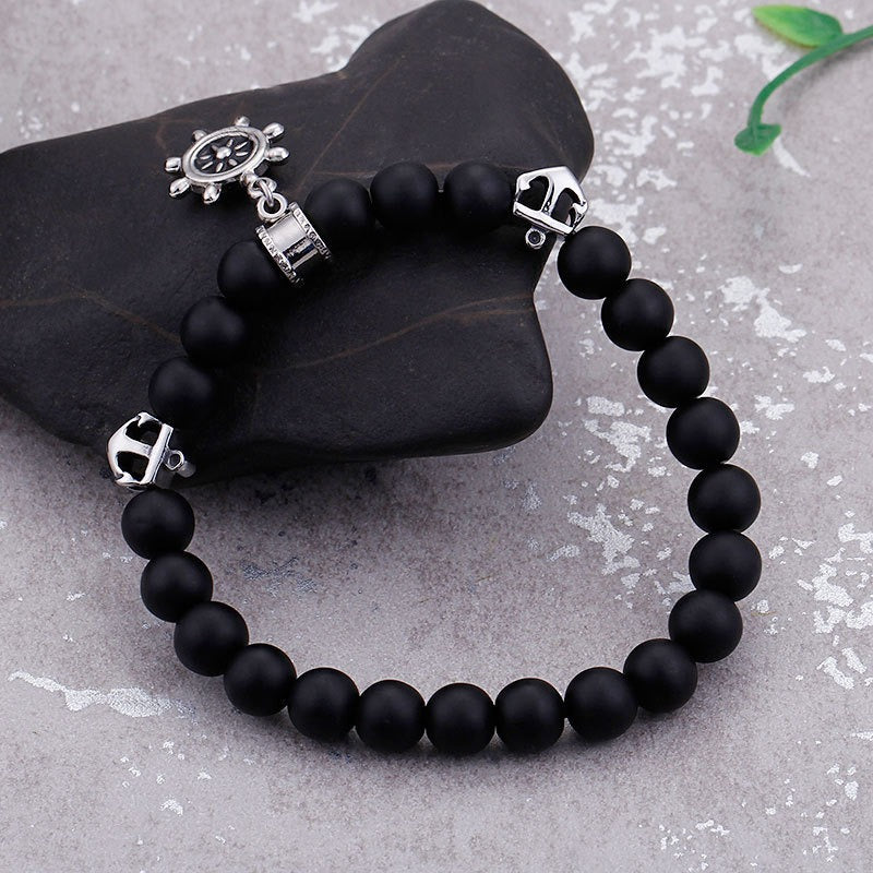 Kemstone Stainless Steel Ship Wheel Beaded Bracelet for Men, 8mm Matte Black Agate Nautical Helm Charm KB92957-BD