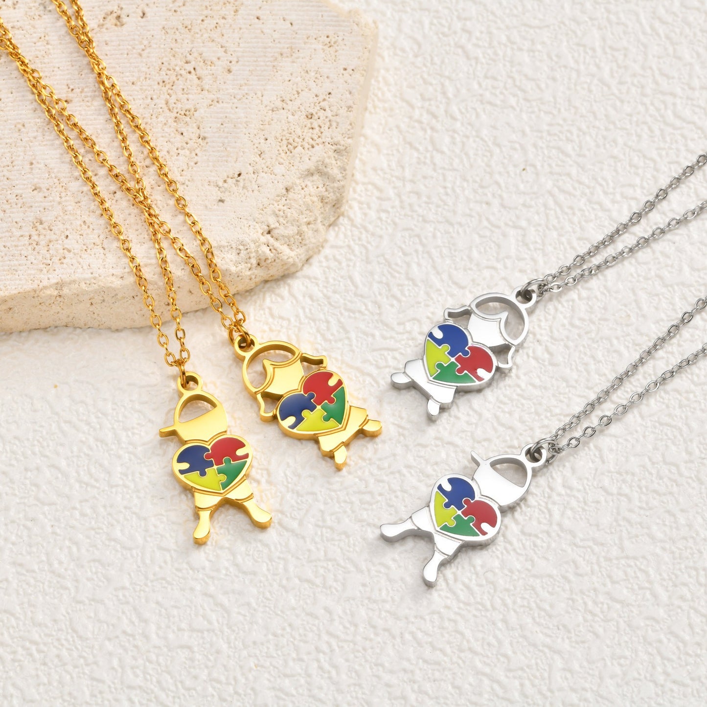Kemstone Stainless Steel Puzzle Heart Pendant Necklace Colorful Enamel for Men Women NC-2257