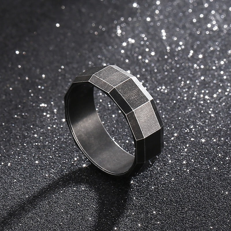 Kemstone Matte Black Gothic Ring – Titanium Steel Geometric Band for Men | Dark Vintage Street Style KR100827-KFC