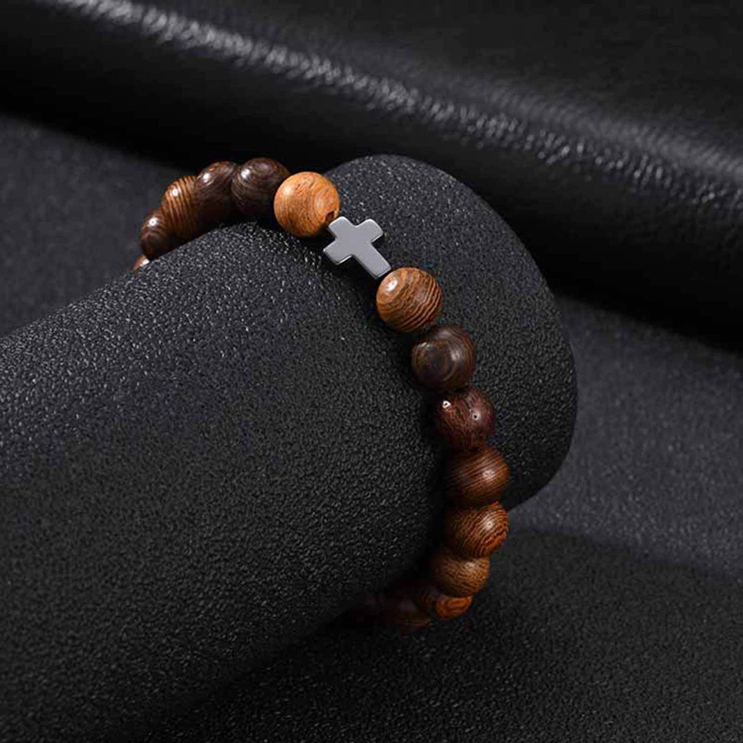 Kemston Wenge Wood Bead Cross Bracelet for Men & Women Black Stone Accent BR-3030