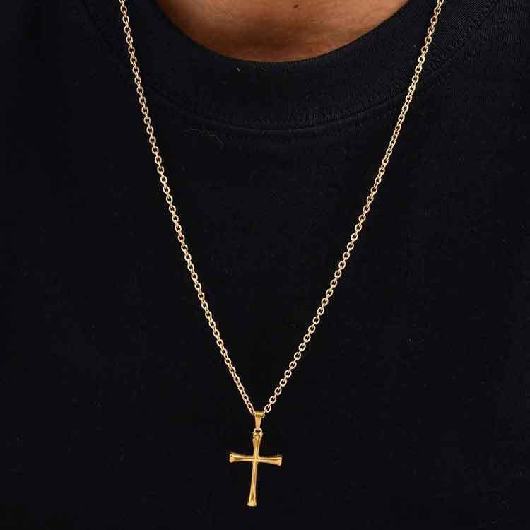 Kemstone Stainless Steel Cross Pendant Necklace – Gold Twisted Chain for Men PN-2260