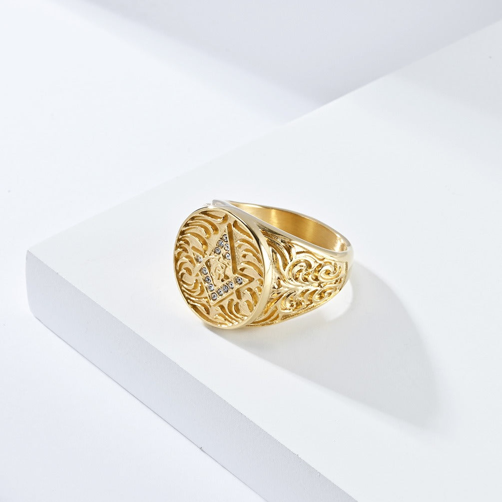 Kemstone Titanium Steel Freemason Ring – Vintage Masonic Emblem Design K-R800