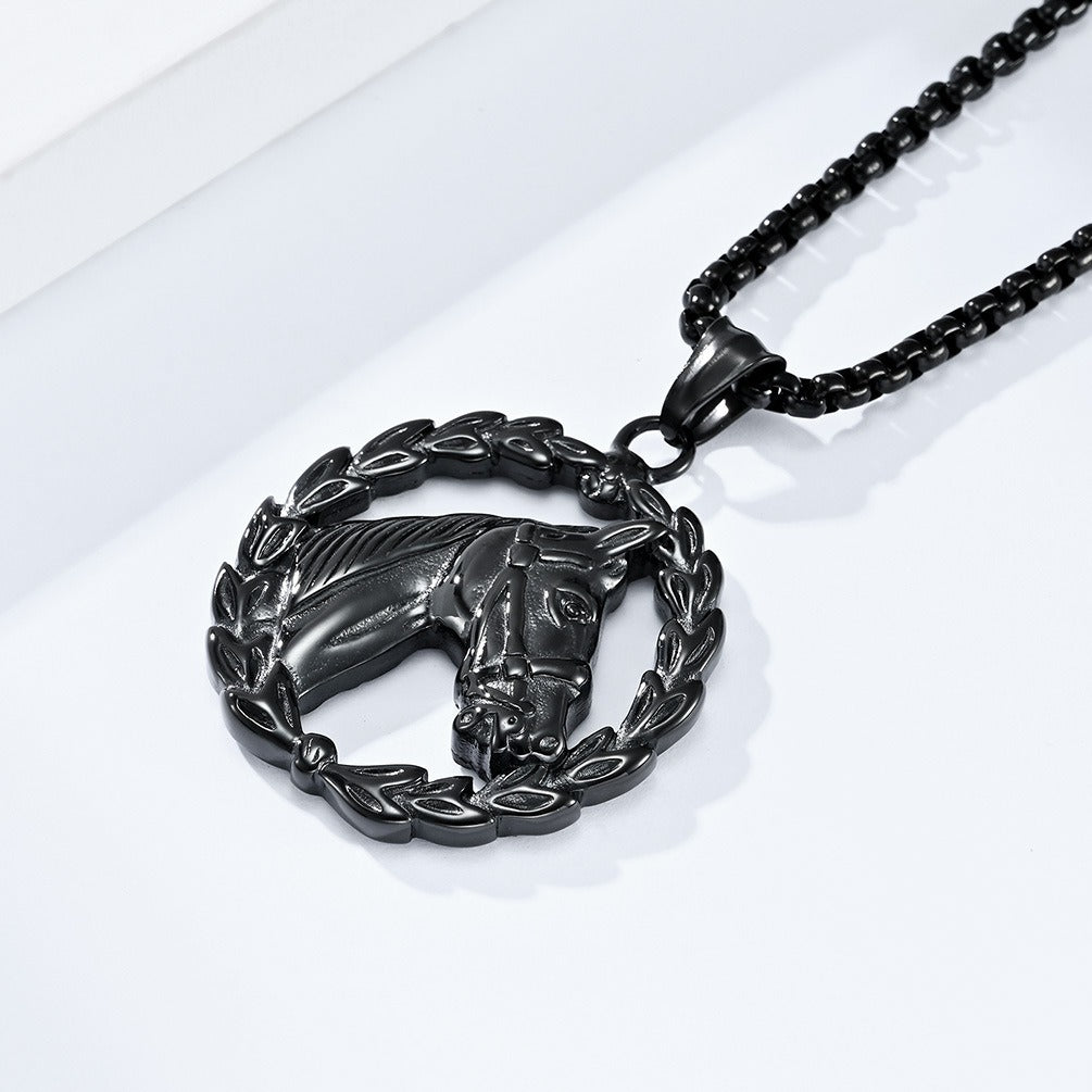 Kemstone Stainless Steel Horse Head Wreath Pendant Necklace for Men - Vintage Style K-PT448