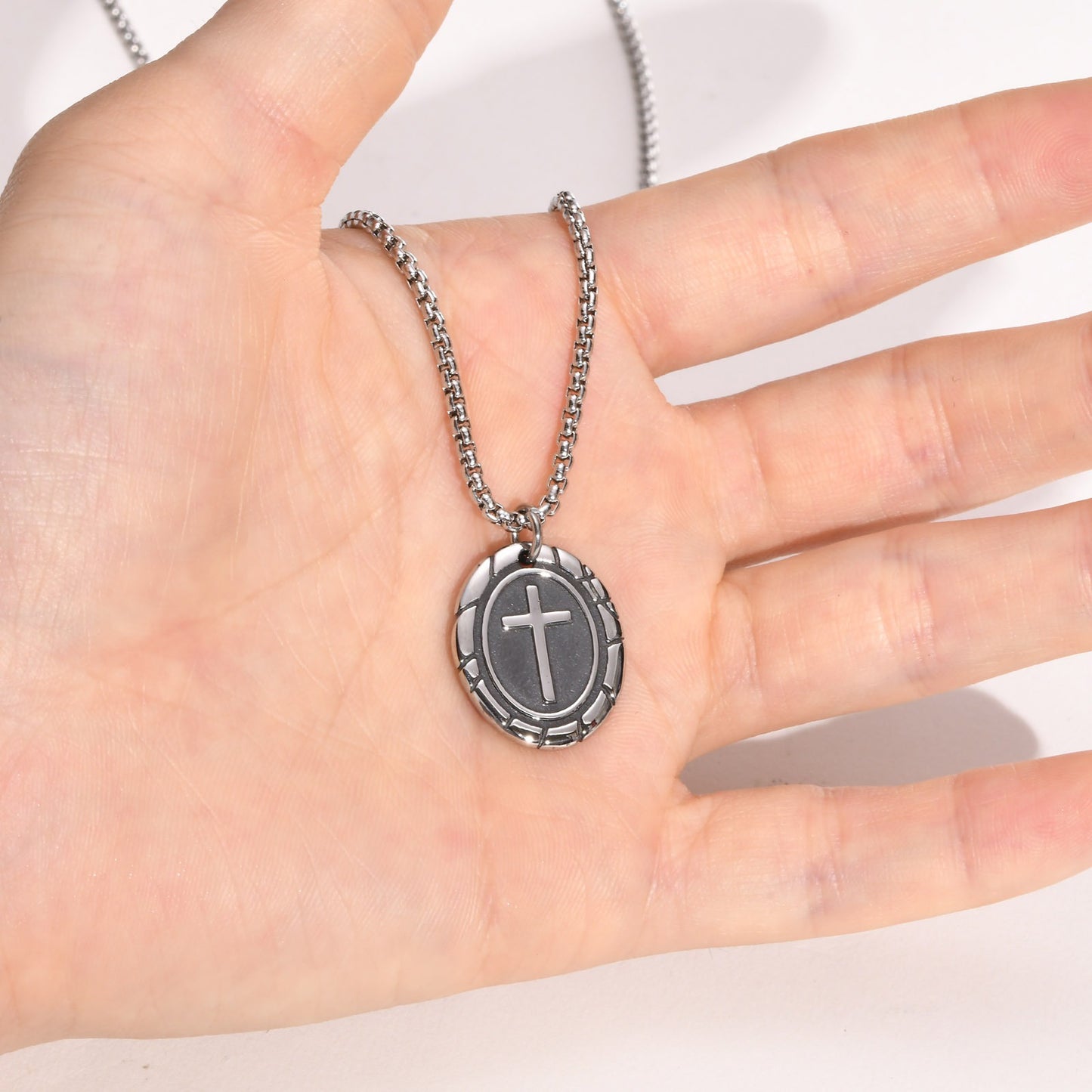 Kemstone Stainless Steel Double-Sided Cross Oval Pendant Necklace for Men PN-1808
