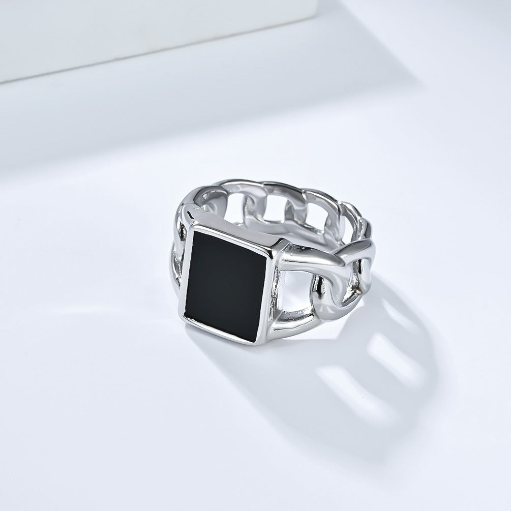 Kemstone Men’s Titanium Steel Cuban Chain Ring – Tiger Eye & Black Stone Jewelry K-R998