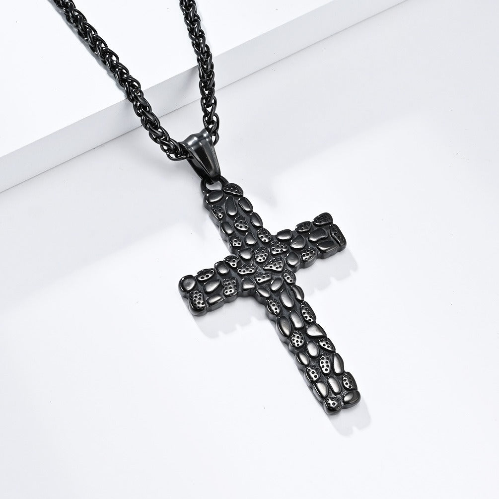 Kemstone Cross Pendant Necklace Titanium Steel Pebble Texture Chain for Men K-PT513