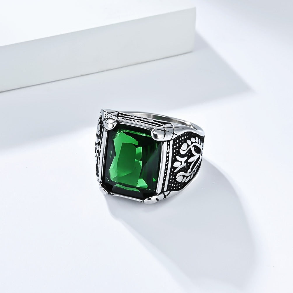 Kemstone Men’s Stainless Steel Ring – Vintage Tulip Glass Stone K-R1014