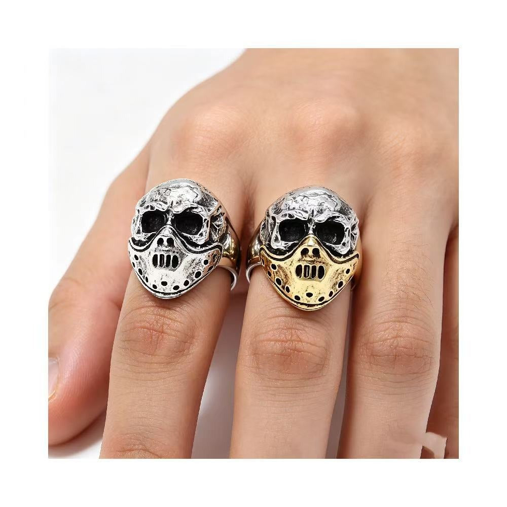 Kemstone Masked Skull Ring for Men Stainless Steel Gothic Vintage Sculpted Face R1216