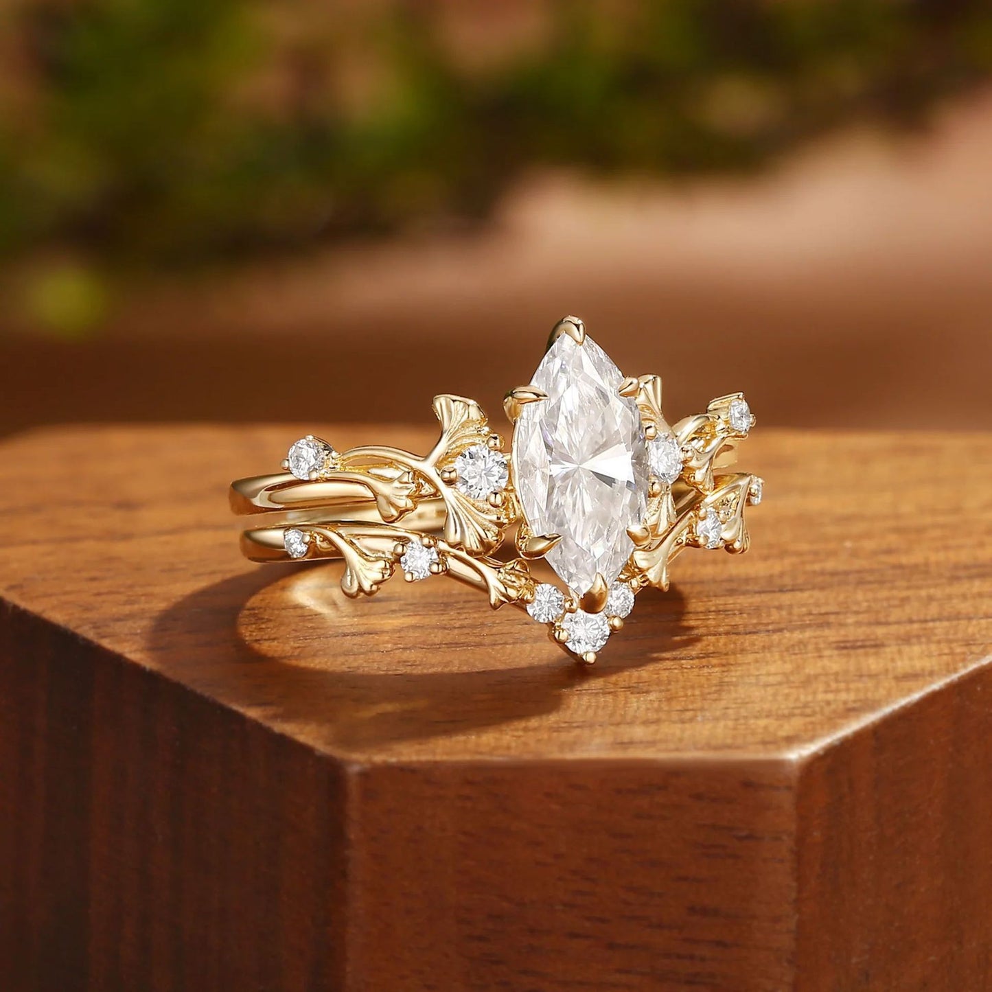Kemstone Marquise Moissanite Floral Ring Set for Women – S925 Silver 18K Gold Plated Stackable Engagement Ring T7-YC0306RS