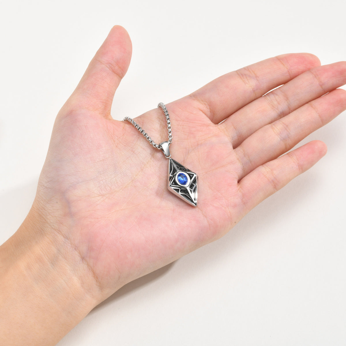 Kemstone Blue Cubic Zirconia Geometric Pendant Necklace for Men Stainless Steel PN-2454