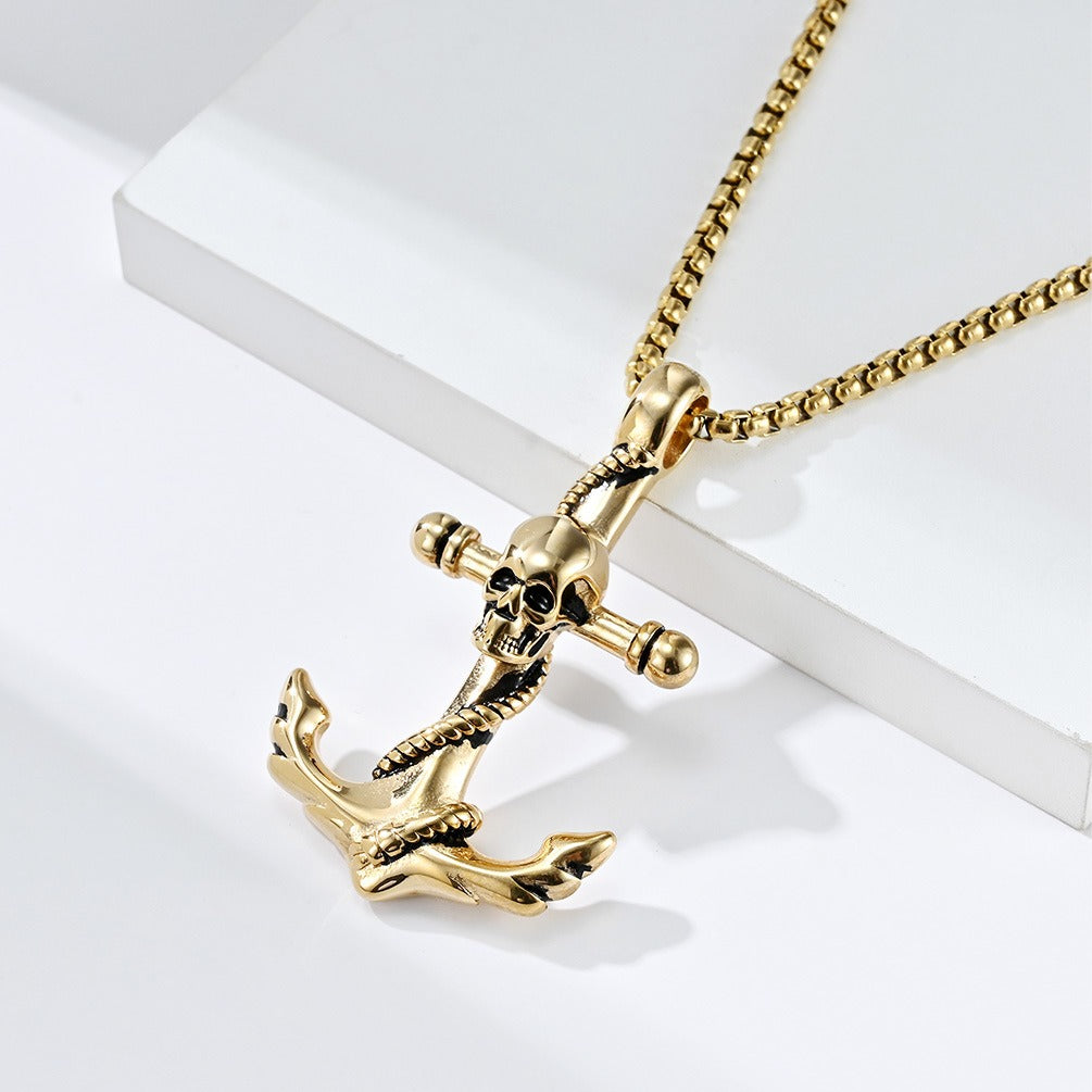 Kemstone Stainless Steel Anchor Skull Pendant Necklace for Men Nautical Gothic K-PT424