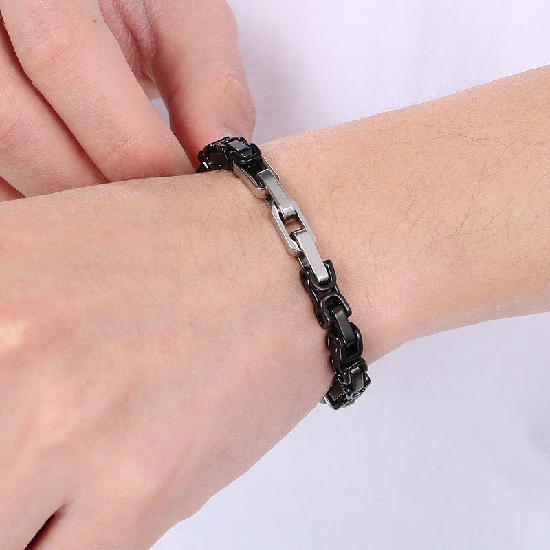 Kemstone Rock-Edge Steel Plate Bracelet – 6mm Mixed Metal Chain for Men | Gothic Punk Streetwear Jewelry KB185313-Z