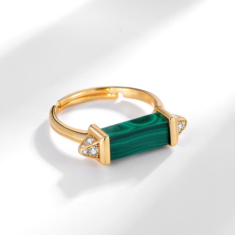 Anillo de malaquita y diamantes geométrico moderno, diseño original artesanal de Kemstone - Ajustable, plata S925, chapado en oro
